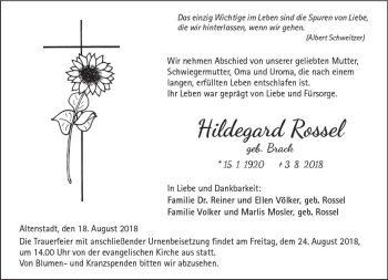 Traueranzeige von Hildegard Rossel von  Kreisanzeiger