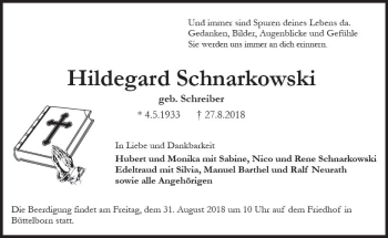Traueranzeige von Hildegard Schnarkowski von vrm-trauer