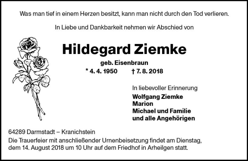  Traueranzeige für Hildegard Ziemke vom 11.08.2018 aus vrm-trauer