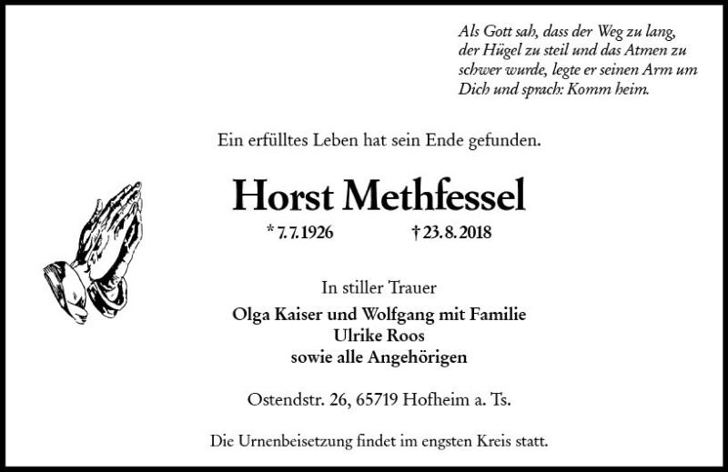  Traueranzeige für Horst Methfessel vom 31.08.2018 aus vrm-trauer