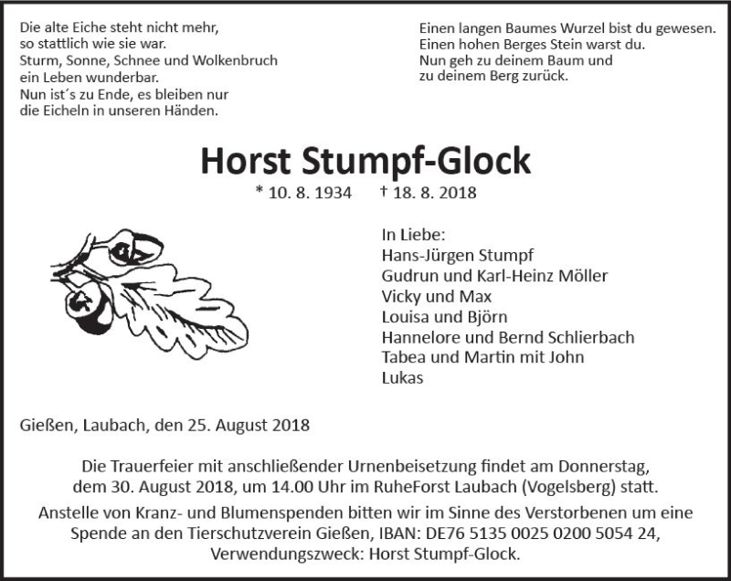  Traueranzeige für Horst Stumpf-Glock vom 25.08.2018 aus  Gießener Anzeiger