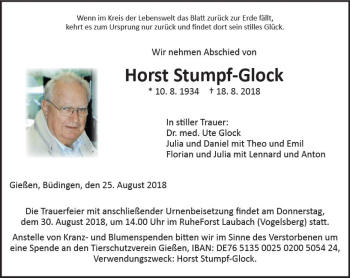 Traueranzeige von Horst Stumpf-Glock von  Kreisanzeiger