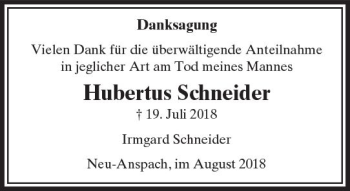 Traueranzeige von Hubertus Schneider von  Usinger Anzeiger