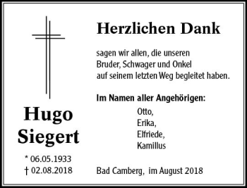 Traueranzeige von Hugo Siegert von  Camberger Anzeiger