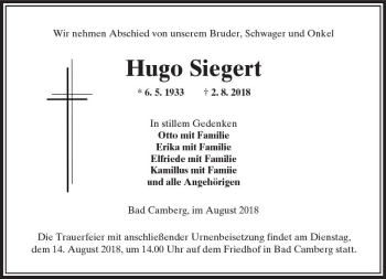 Traueranzeige von Hugo Siegert von  Camberger Anzeiger