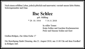 Traueranzeige von Ilse Schlee von  Gießener Anzeiger