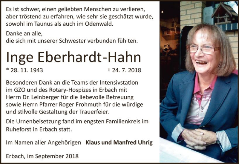  Traueranzeige für Inge Eberhardt-Hahn vom 01.09.2018 aus  Usinger Anzeiger