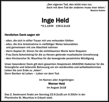 Traueranzeige von Inge Held von  Camberger Anzeiger