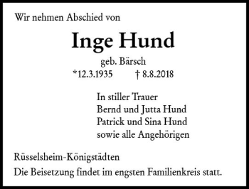 Traueranzeige von Inge Hund von vrm-trauer
