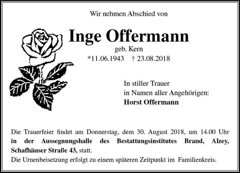  Traueranzeige für Inge Offermann vom 27.08.2018 aus vrm-trauer