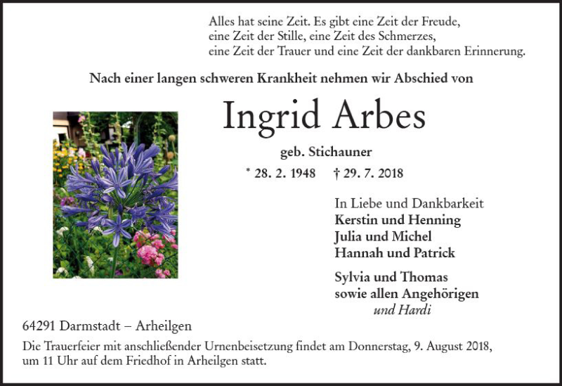 Traueranzeige für Ingrid Arbes vom 04.08.2018 aus vrm-trauer
