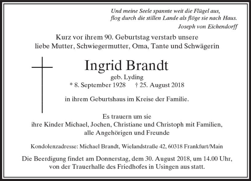  Traueranzeige für Ingrid Brandt vom 28.08.2018 aus  Usinger Anzeiger