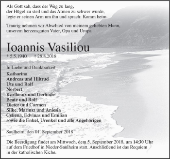 Traueranzeige von Ioannis Vasiliou von vrm-trauer