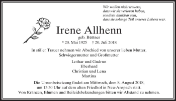 Traueranzeige von Irene Allhenn von  Usinger Anzeiger