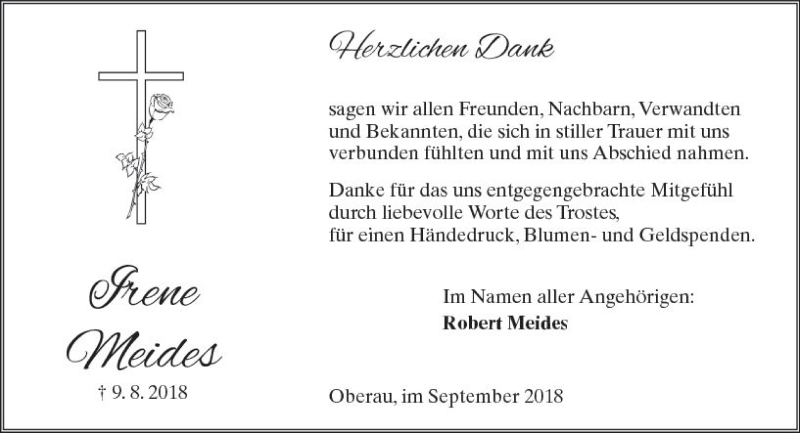  Traueranzeige für Irene Meides vom 01.09.2018 aus  Kreisanzeiger