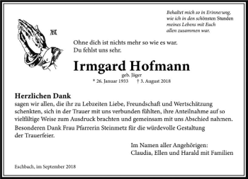 Traueranzeige von Irmgard Hofmann von  Usinger Anzeiger