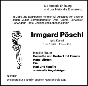 Traueranzeige von Irmgard Pöschl von vrm-trauer