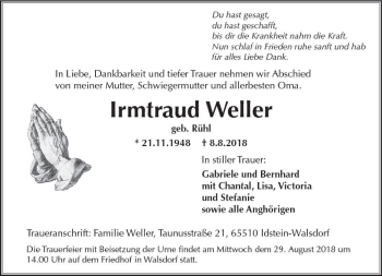 Traueranzeige von Irmtraud Weller von vrm-trauer