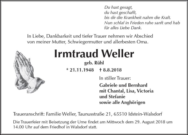  Traueranzeige für Irmtraud Weller vom 25.08.2018 aus vrm-trauer
