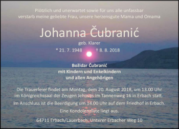 Traueranzeige von Johanna Cubranic von vrm-trauer