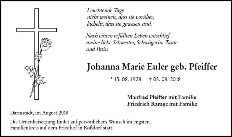  Traueranzeige für Johanna Marie Euler vom 16.08.2018 aus vrm-trauer