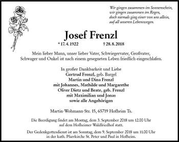Traueranzeige von Josef Frenzl von vrm-trauer
