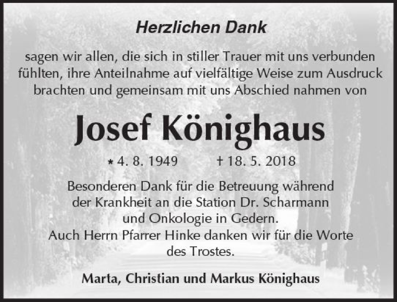  Traueranzeige für Josef Könighaus vom 04.08.2018 aus  Kreisanzeiger