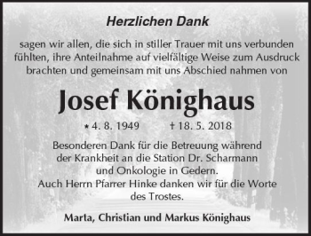 Traueranzeige von Josef Könighaus von  Kreisanzeiger