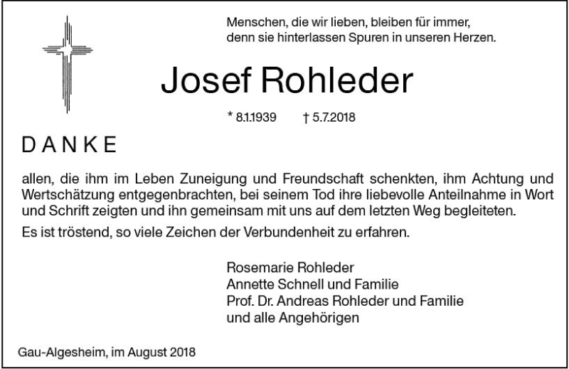 Traueranzeige für Josef Rohleder vom 18.08.2018 aus vrm-trauer