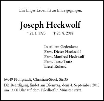 Traueranzeige von Joseph Heckwolf von vrm-trauer