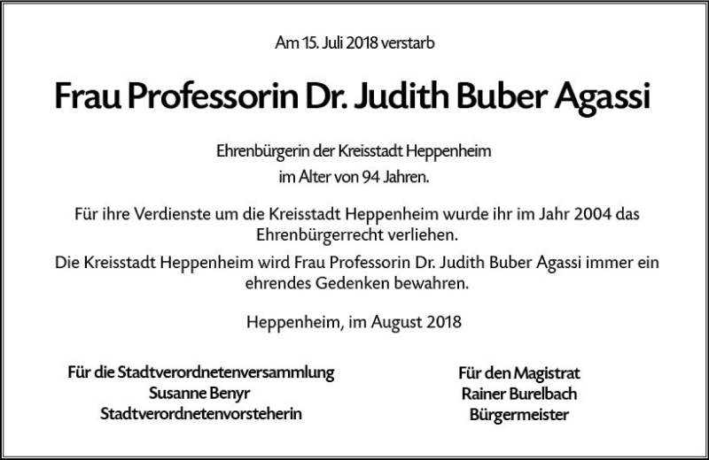  Traueranzeige für Judith  Buber Agassi vom 25.08.2018 aus vrm-trauer