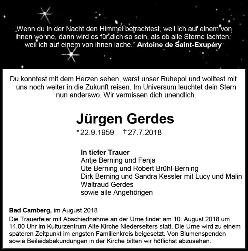  Traueranzeige für Jürgen Gerdes vom 09.08.2018 aus  Camberger Anzeiger
