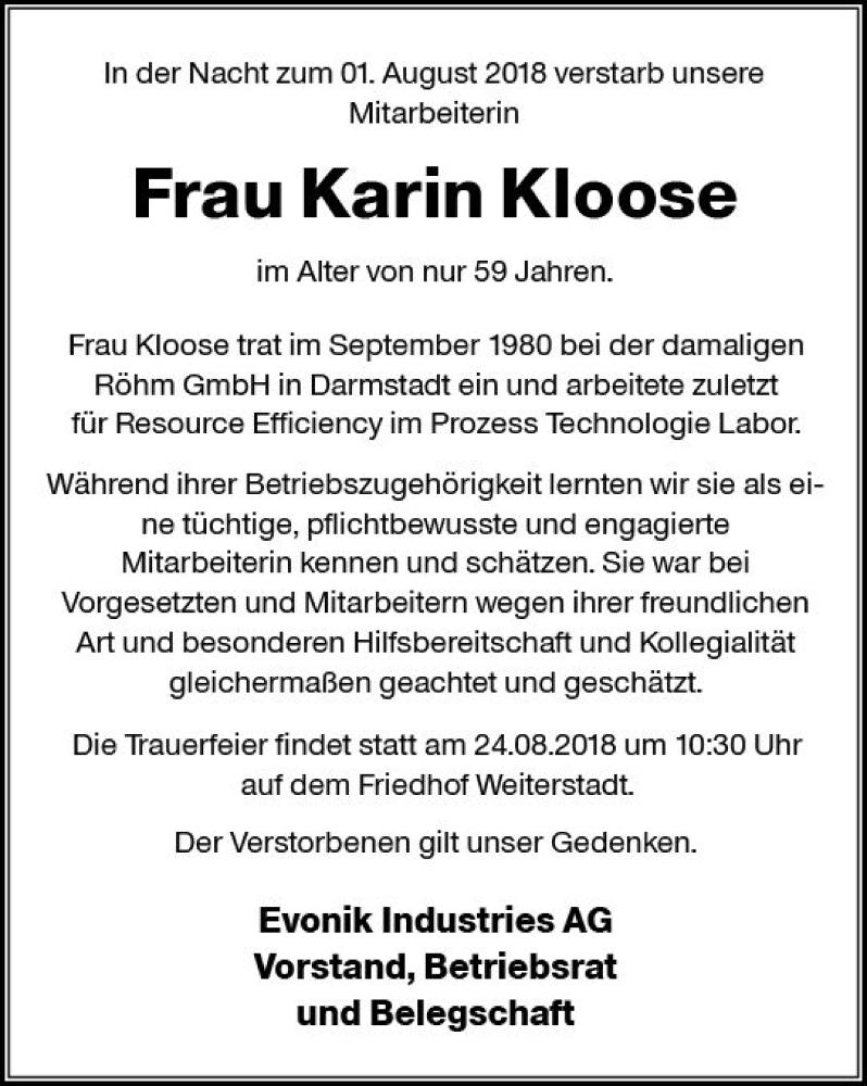  Traueranzeige für Karin Kloose vom 18.08.2018 aus vrm-trauer