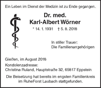 Traueranzeige von Karl-Albert Wörner von  Gießener Anzeiger