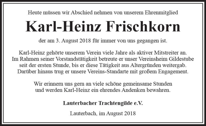  Traueranzeige für Karl-Heinz Frischkorn vom 09.08.2018 aus VRM Trauer