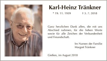 Traueranzeige von Karl-Heinz Tränkner von  Gießener Anzeiger