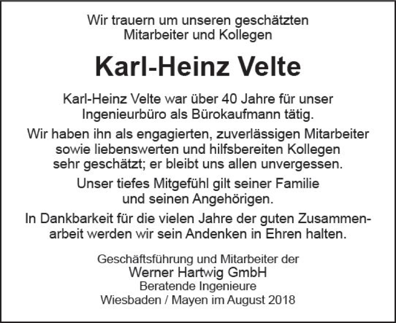  Traueranzeige für Karl-Heinz Velte vom 25.08.2018 aus vrm-trauer