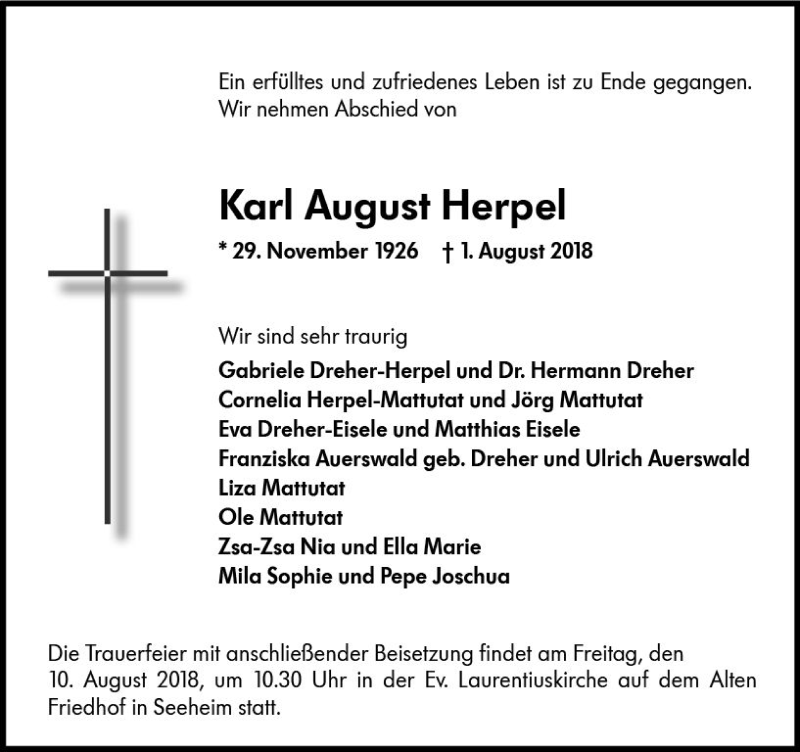  Traueranzeige für Karl August Herpel vom 04.08.2018 aus vrm-trauer