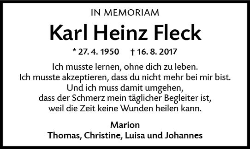  Traueranzeige für Karl Heinz Fleck vom 16.08.2018 aus vrm-trauer