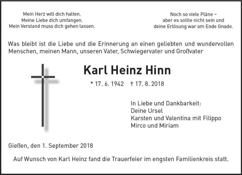  Traueranzeige für Karl Heinz Hinn vom 01.09.2018 aus  Gießener Anzeiger