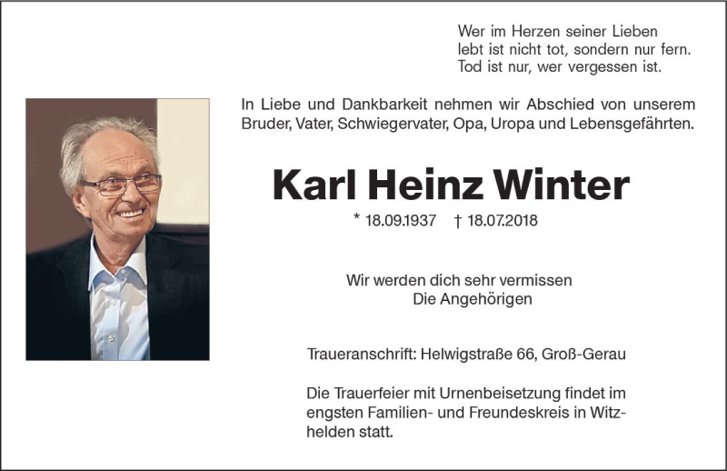  Traueranzeige für Karl Heinz Winter vom 01.08.2018 aus vrm-trauer