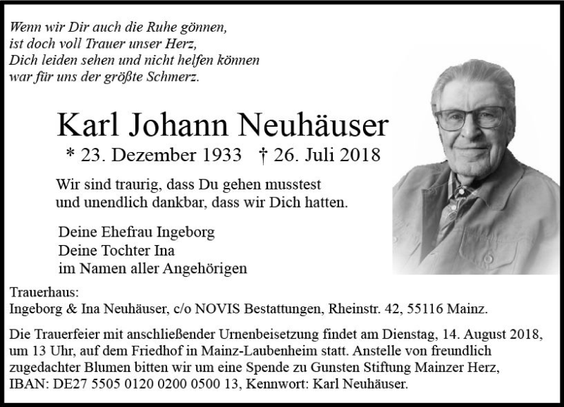  Traueranzeige für Karl Johann Neuhäuser vom 04.08.2018 aus vrm-trauer