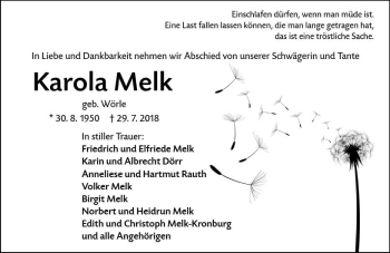 Traueranzeige von Karola Melk von vrm-trauer
