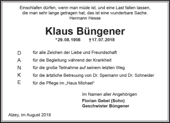 Traueranzeige von Klaus Büngener von vrm-trauer