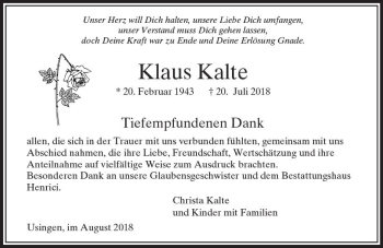 Traueranzeige von Klaus Kalte von  Usinger Anzeiger