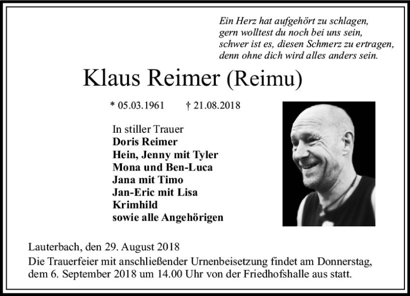  Traueranzeige für Klaus Reimer vom 29.08.2018 aus VRM Trauer
