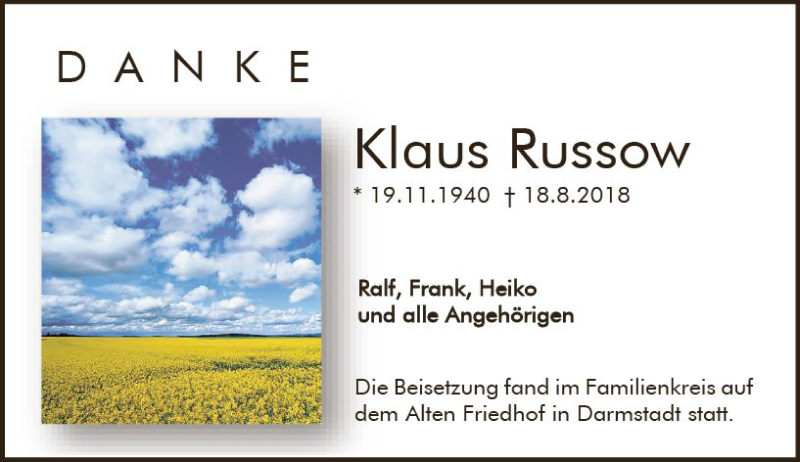  Traueranzeige für Klaus Russow vom 01.09.2018 aus vrm-trauer