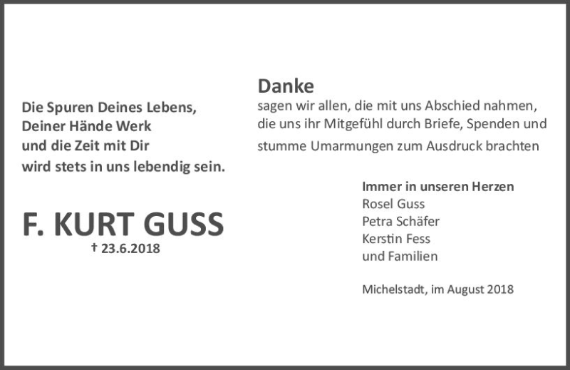  Traueranzeige für Kurt Guss vom 11.08.2018 aus vrm-trauer
