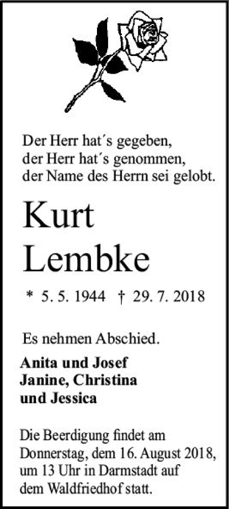  Traueranzeige für Kurt Lembke vom 11.08.2018 aus vrm-trauer
