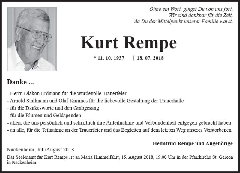  Traueranzeige für Kurt Rempe vom 14.08.2018 aus vrm-trauer